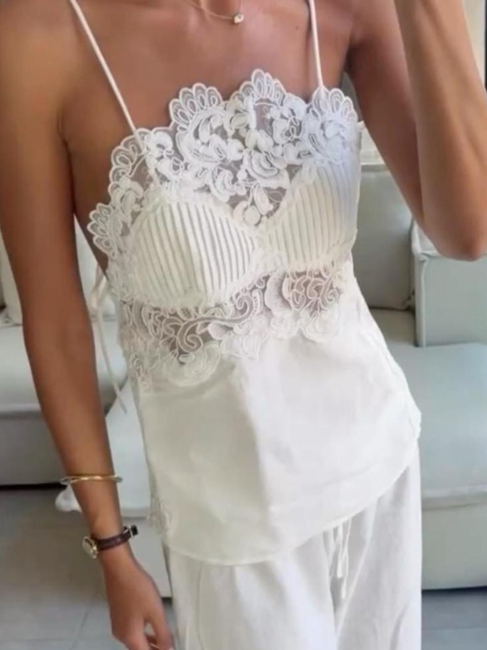 H&M White Lace-Trim Linen Blend Cami